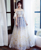Unique Tulle Off Lace Long Prom Dress Tulle Prom Dresses
