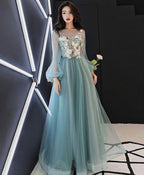 Green Tulle Lace Applique Long Prom Dress Green Prom Dresses 1