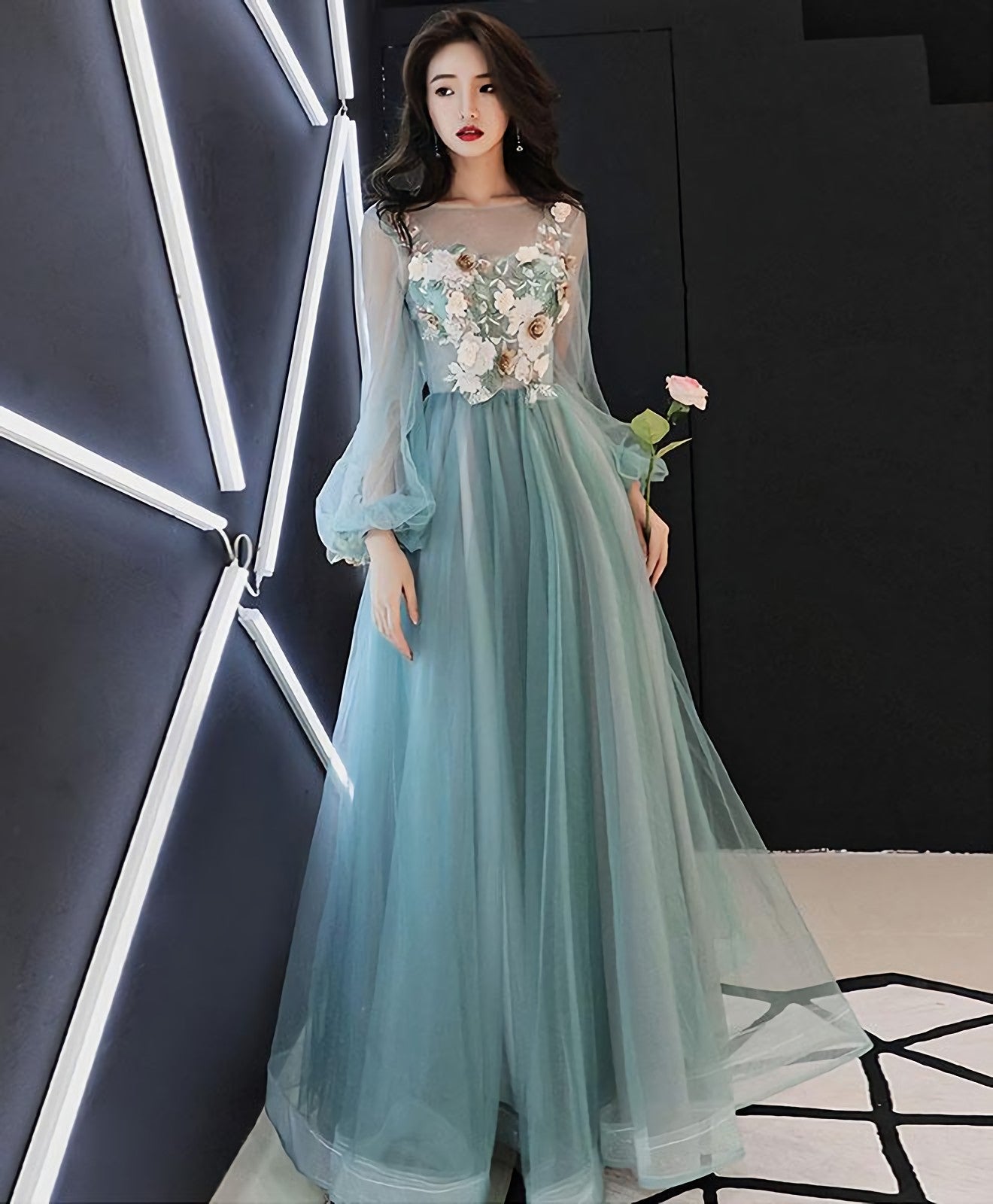 Green Tulle Lace Applique Long Prom Dress Green Prom Dresses 1