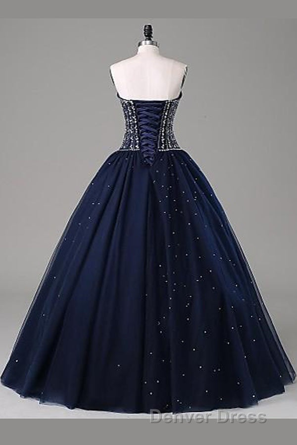 Navy Blue Ball Gowns Floor Length Sweetheart Sleeveless Mid Back Prom Dresses