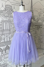 A-line Scoop Neck Tulle Lace Mini Bridesmaid Dresses with Sash