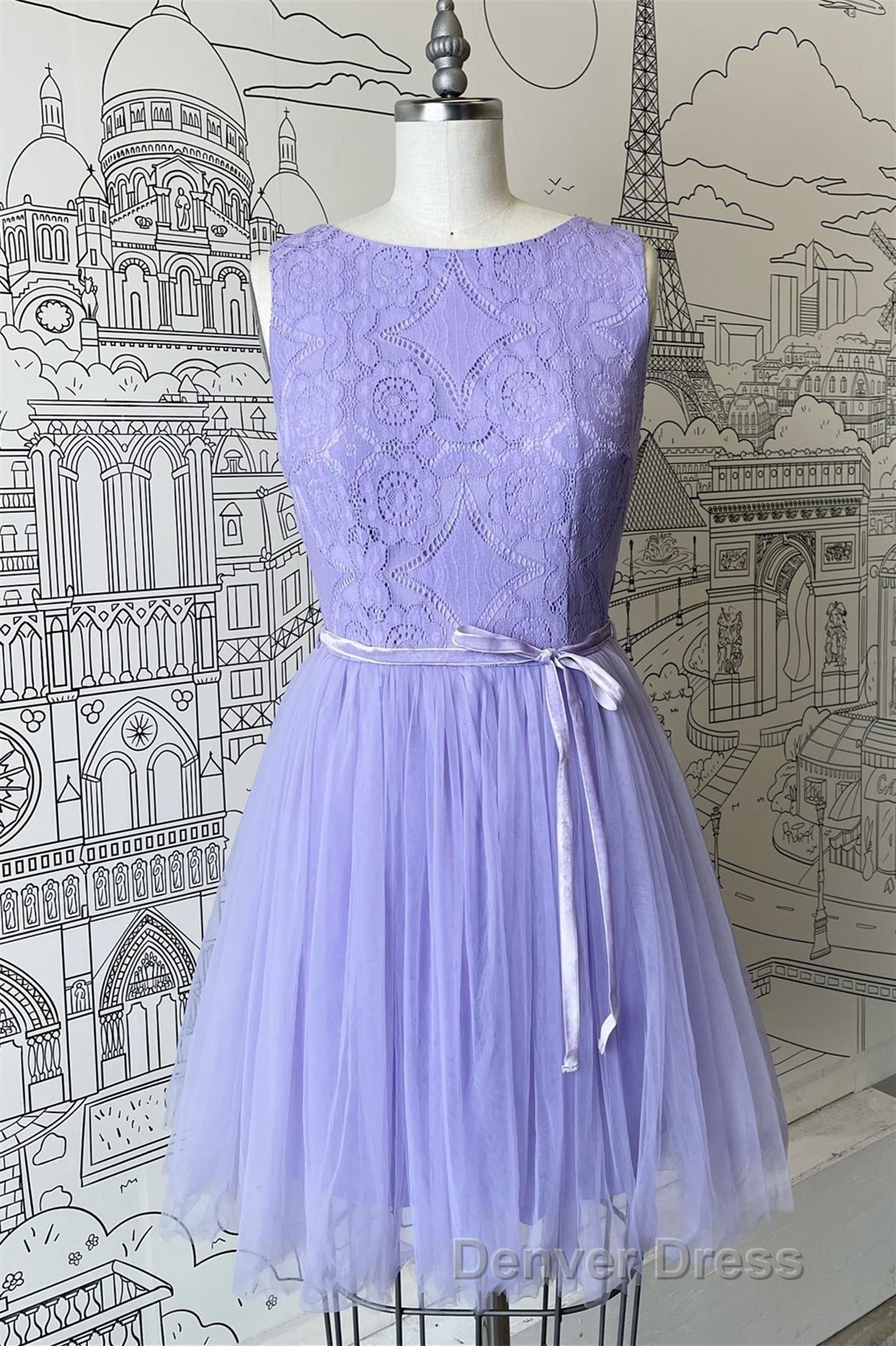 A-line Scoop Neck Tulle Lace Mini Bridesmaid Dresses with Sash