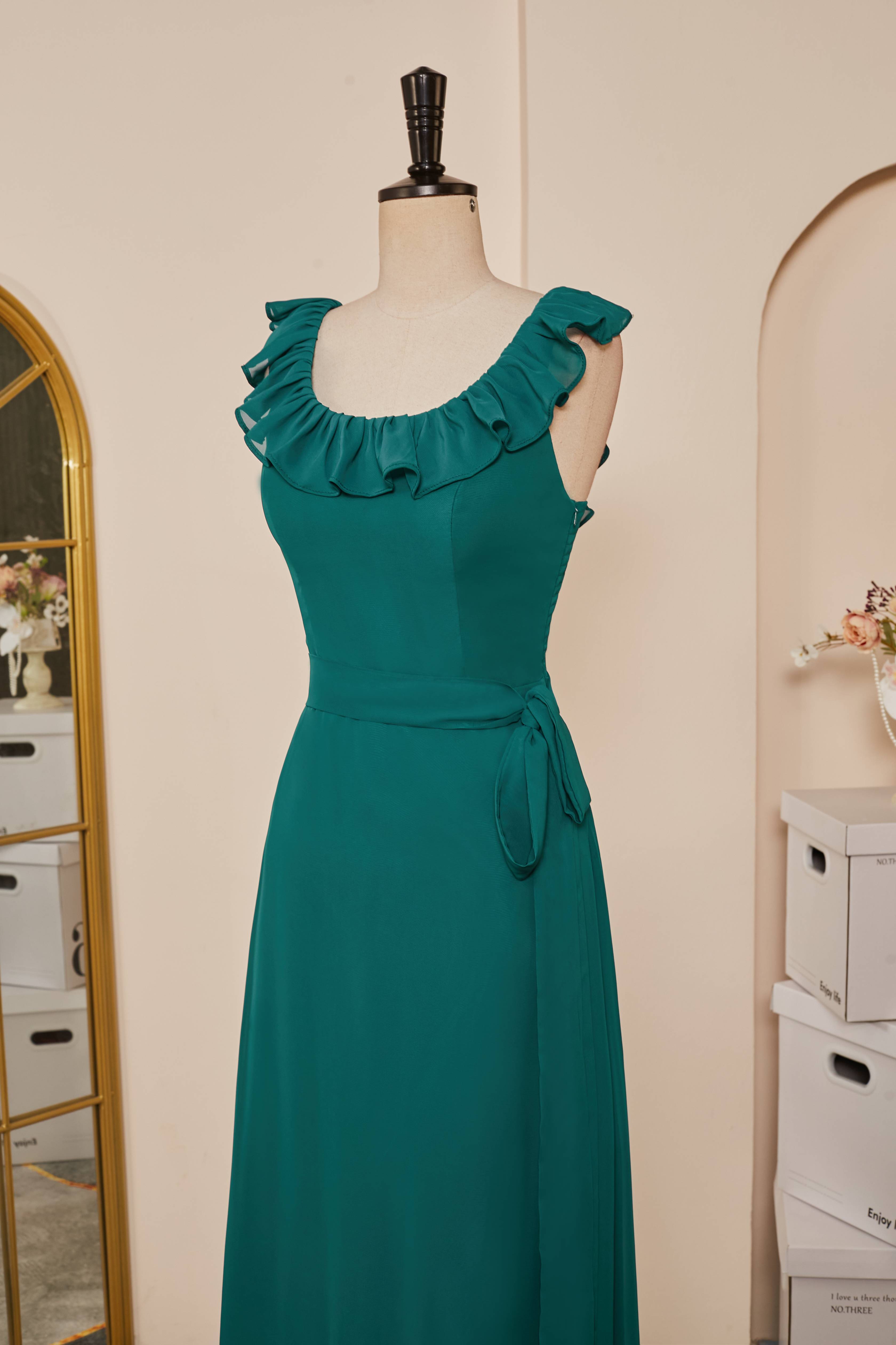 Teal Ruffled Neck A-line Long Bridesmaid Dresses with Sash Main image