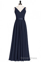 Navy Blue V Neck Tie Back A Line Long Bridesmaid Dresses