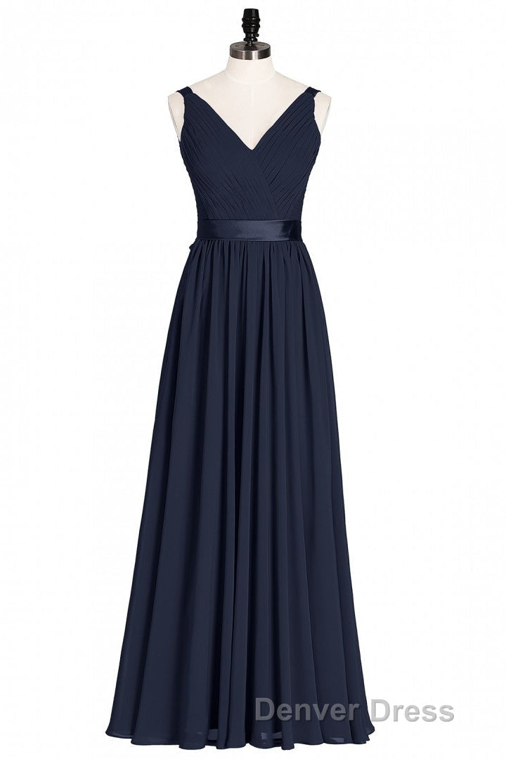 Navy Blue V Neck Tie Back A Line Long Bridesmaid Dresses