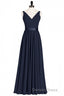 Navy Blue V Neck Tie Back A Line Long Bridesmaid Dresses