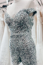 Dusty Sage Off The Shoulder Sequins Sheath Homecoming Romper
