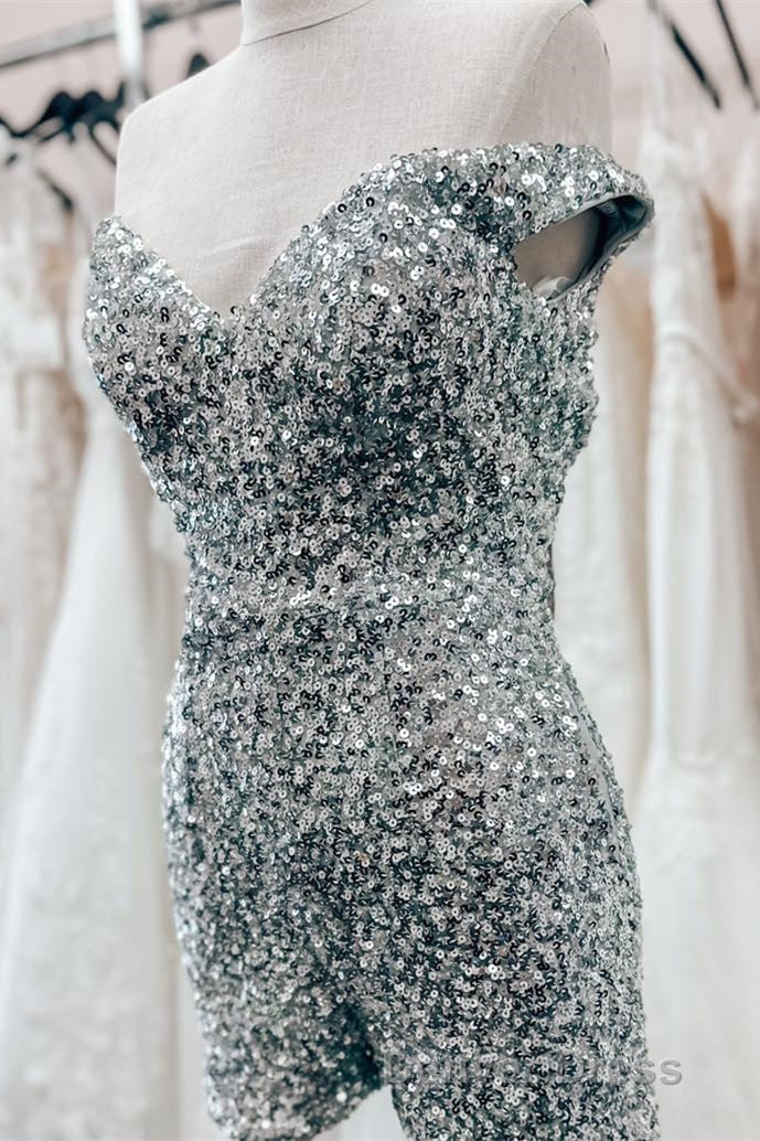 Dusty Sage Off The Shoulder Sequins Sheath Homecoming Romper