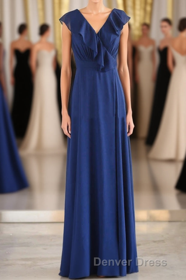 Navy Blue Ruffled Tie Side Long Bridesmaid Dresses Main image