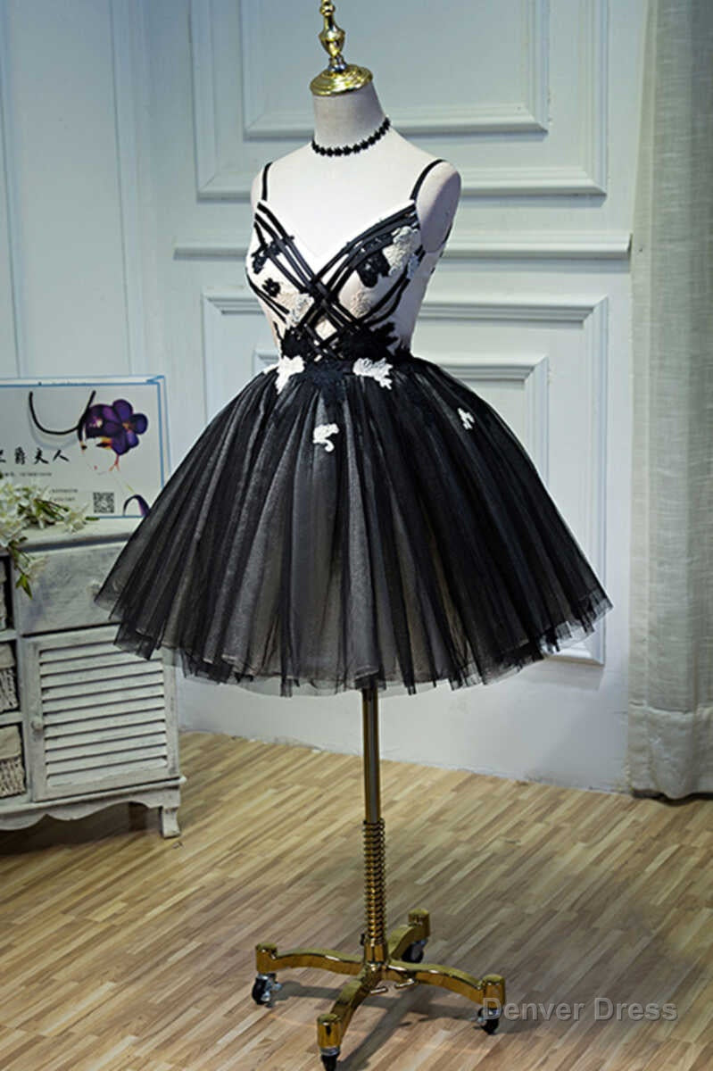A Line Flower Black Lace Up Short Homecoming Dresses