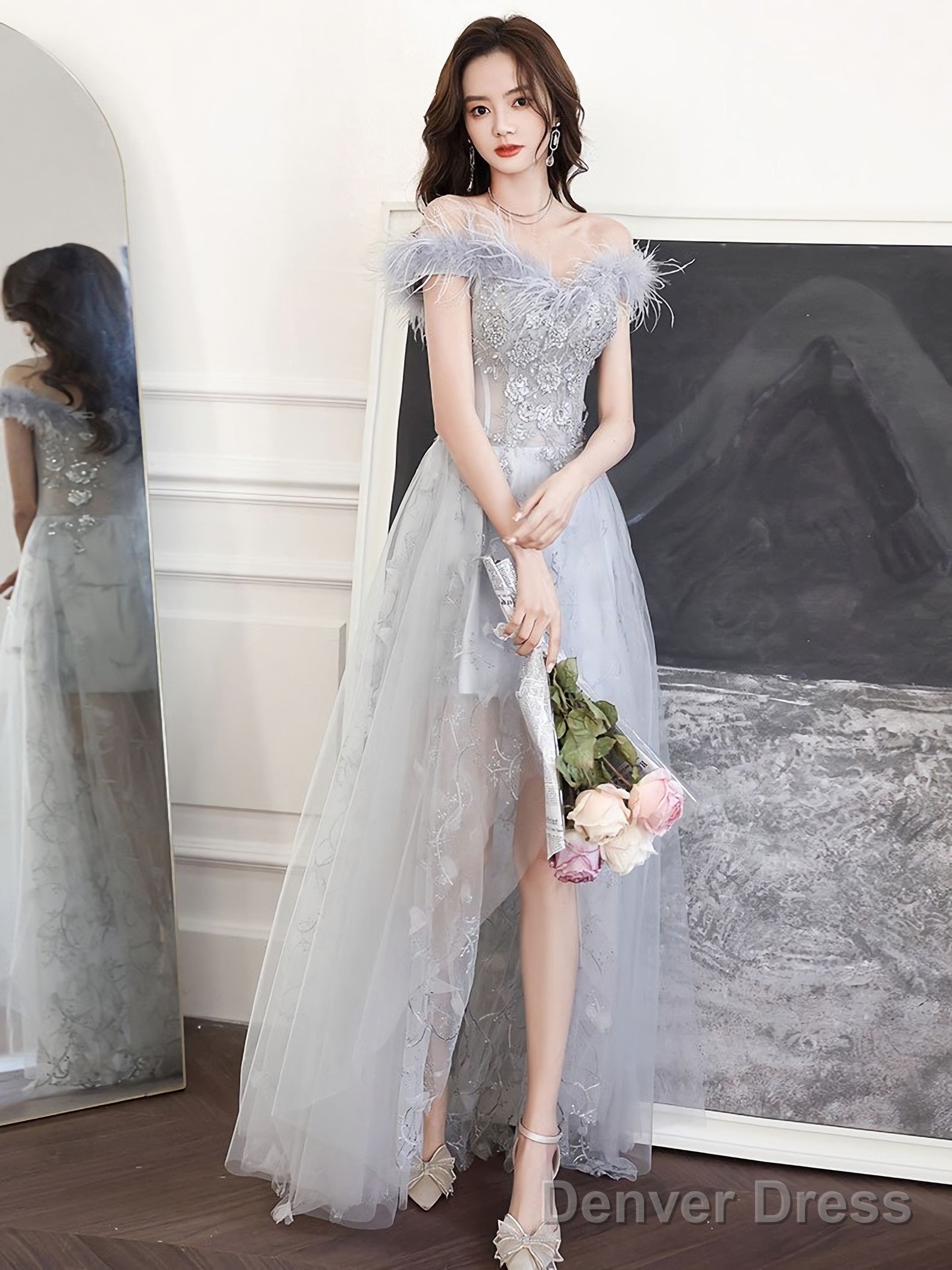 Gray Sweetheart Neck Tulle Long Prom Dress Gray Prom Dresses