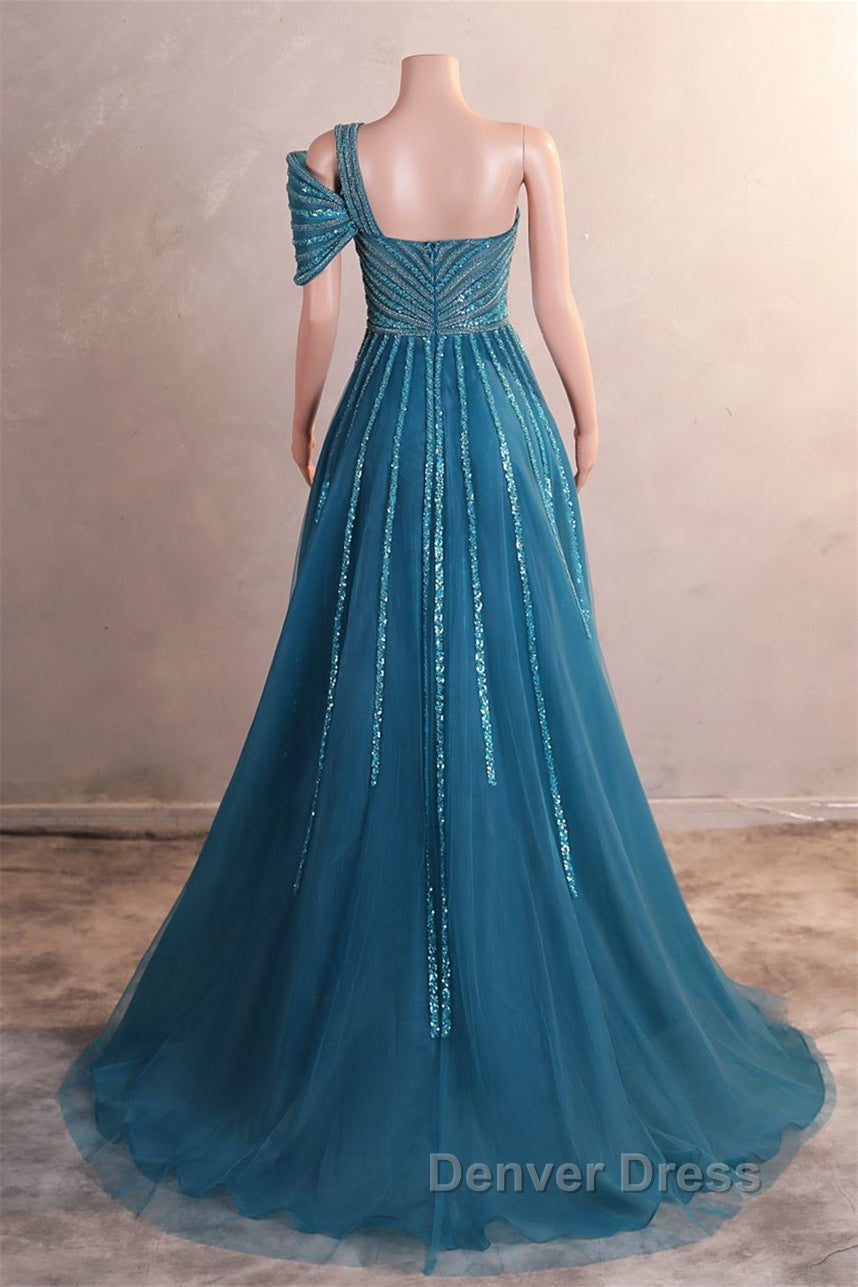 One Shoulder Beading Sweep Train Backless Prom Dresses Secondary image