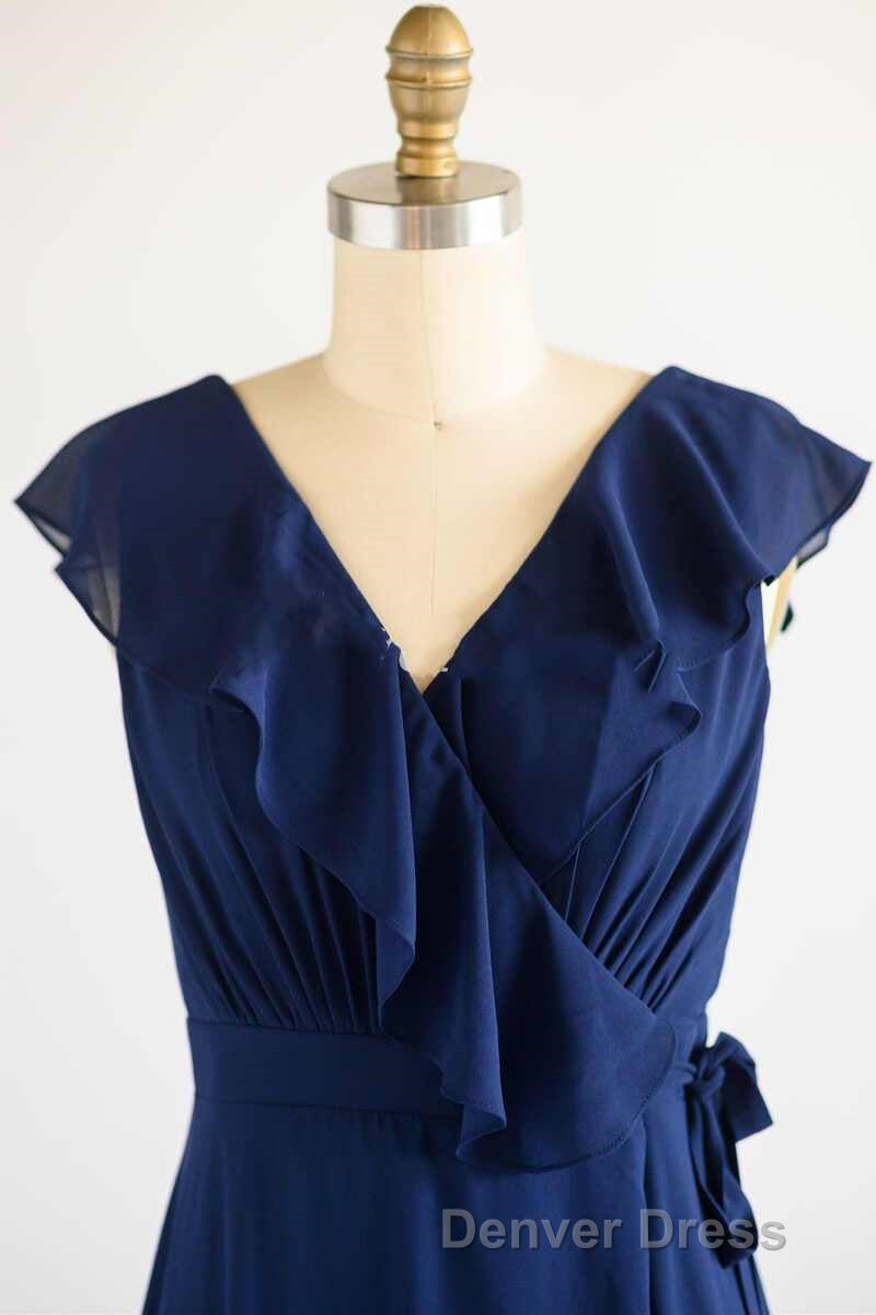 Navy Blue Ruffled Tie Side Long Bridesmaid Dresses
