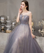 Blue Round Neck Tulle Sequin Long Prom Dress Blue Prom Dresses