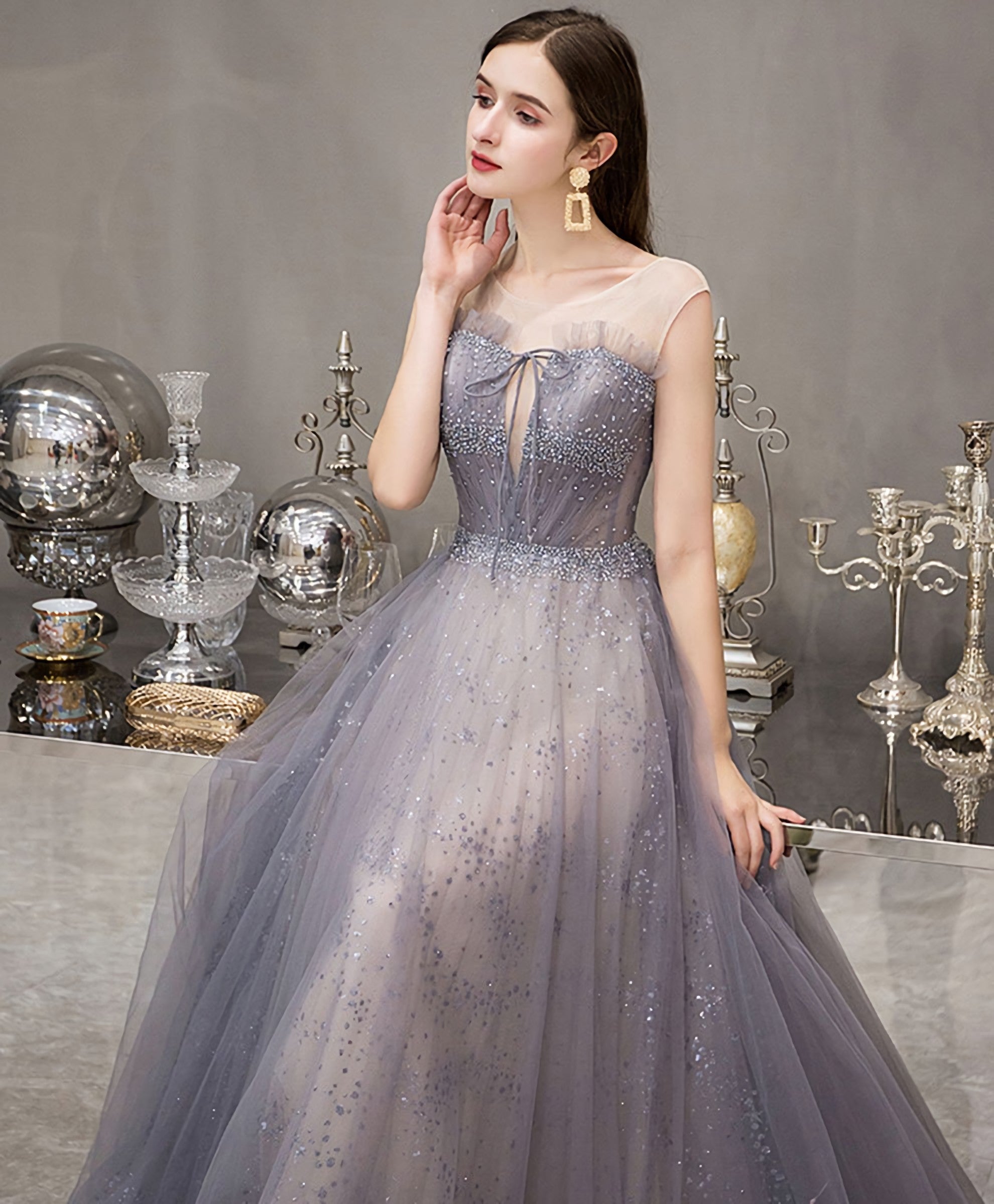 Blue Round Neck Tulle Sequin Long Prom Dress Blue Prom Dresses