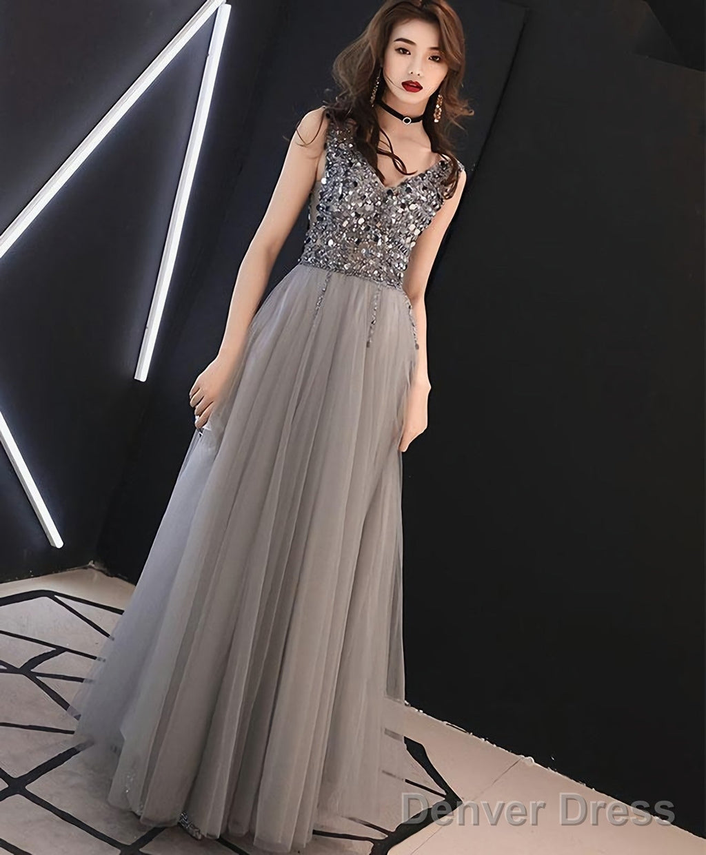 Gray V Neck Tulle Sequin Long Prom Dress Gray Tulle Prom Dresses