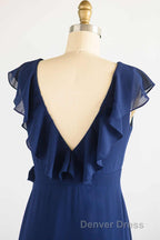 Navy Blue Ruffled Tie Side Long Bridesmaid Dresses