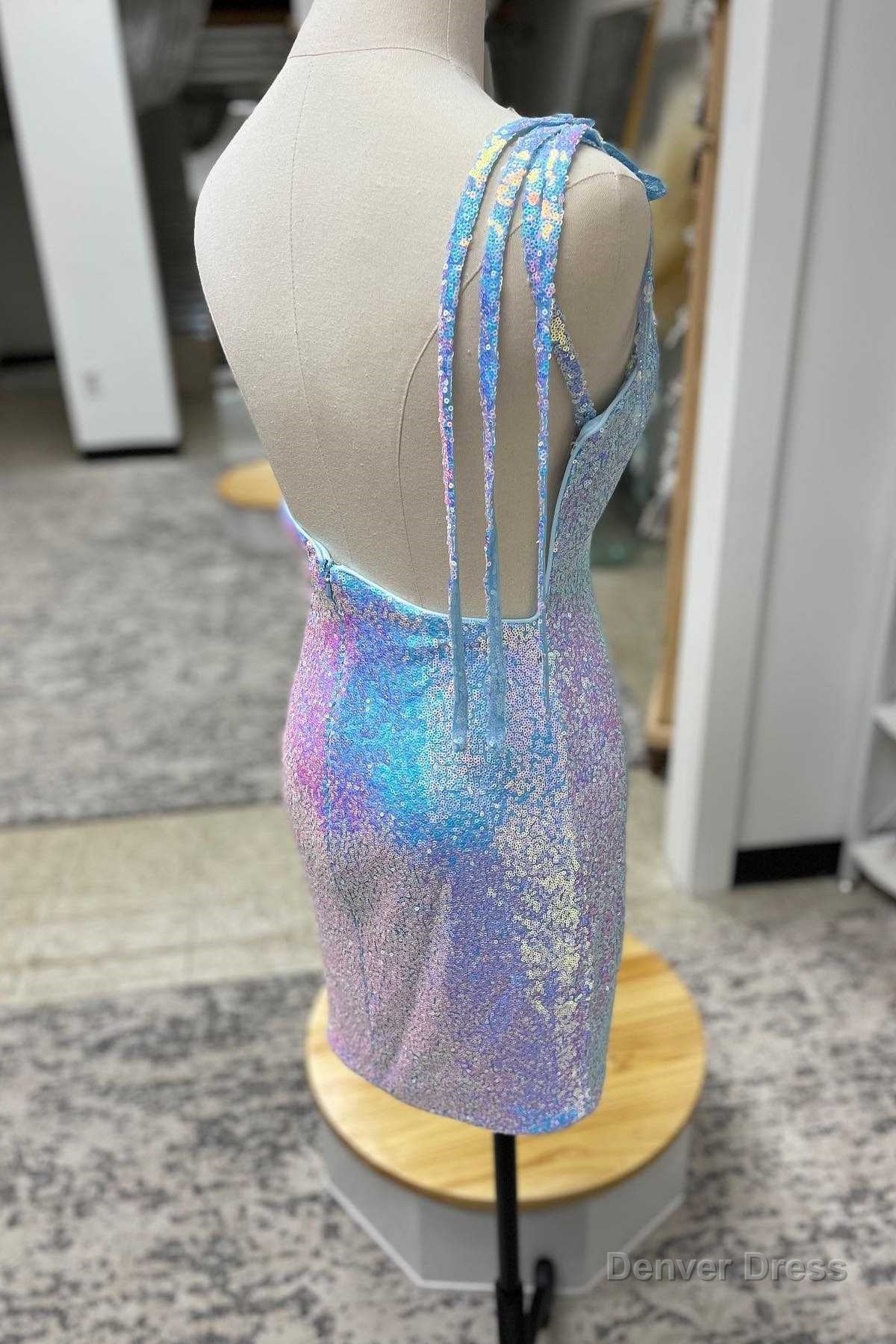 Light Blue Sequin One-Shoulder Flowers Short Party Dress Secondary image