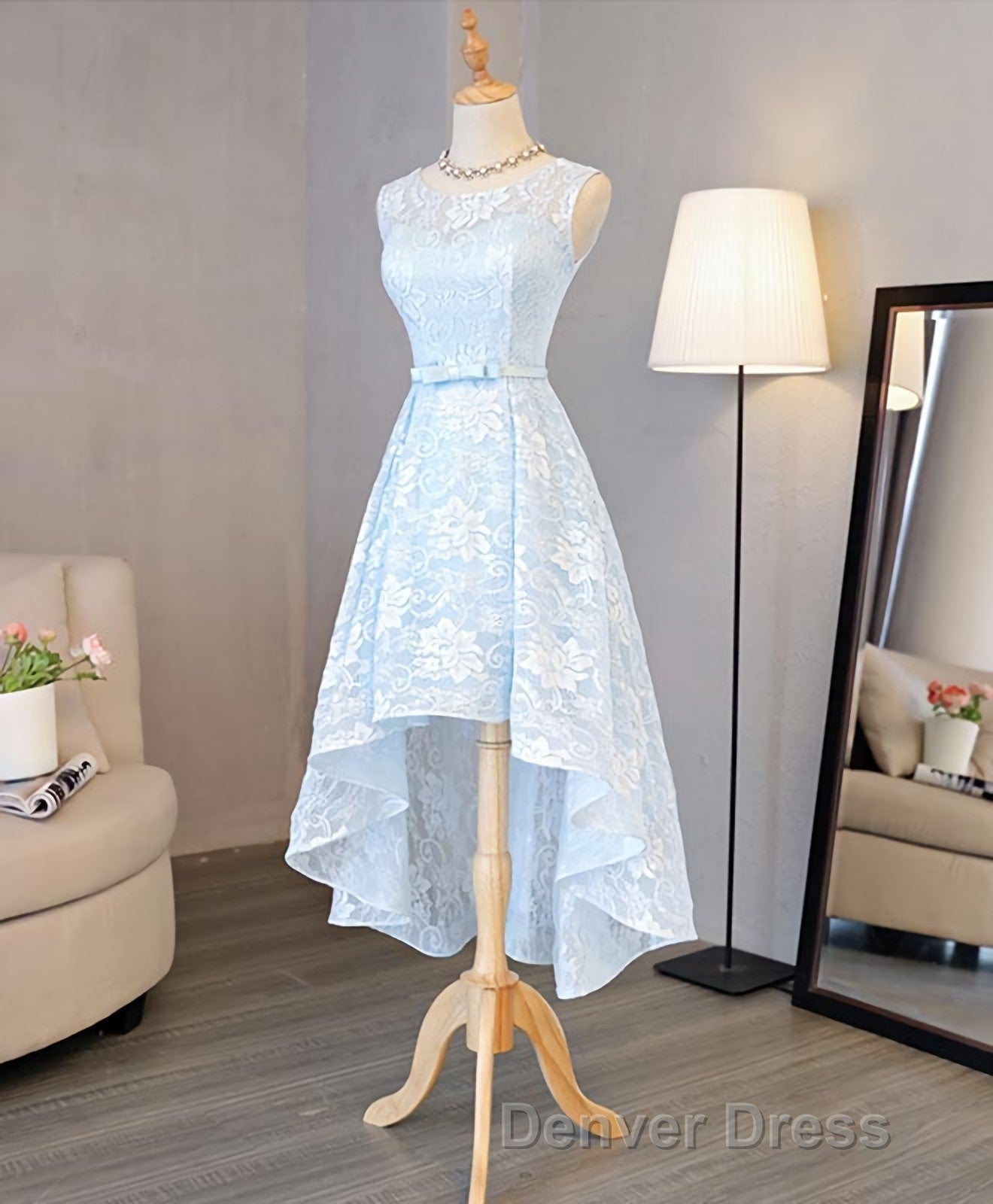 Light Blue Lace High Low Prom Dresses, Homecoming Dresses Secondary image