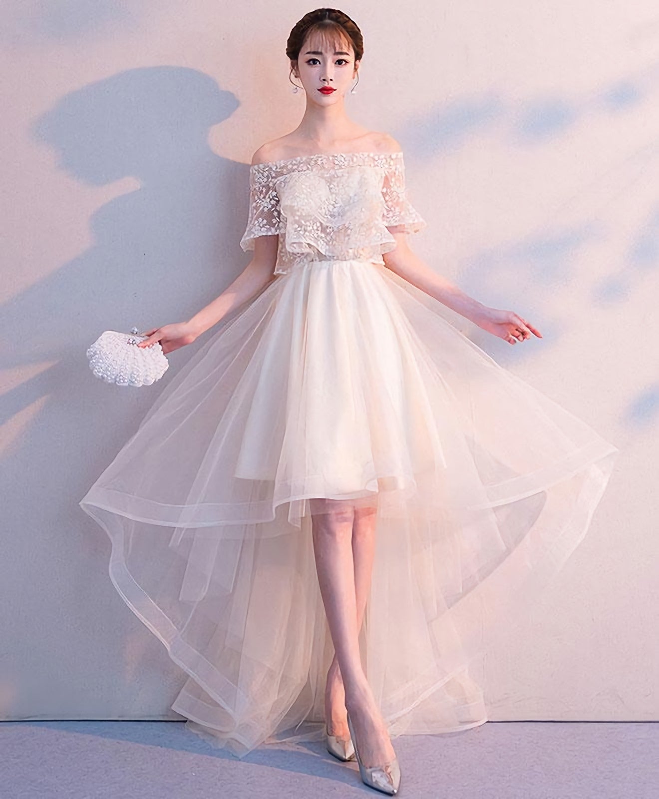 Champagne Tulle High Low Prom Dress Tulle Prom Dresses