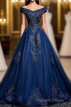Blue Tulle Lace Off Shoulder Long Prom Dress, Blue Tulle Lace Prom Dresses
