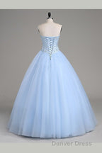 Light Blue Ball Gowns Floor Length Sweetheart Strapless Sleevless Beading Prom Dresses
