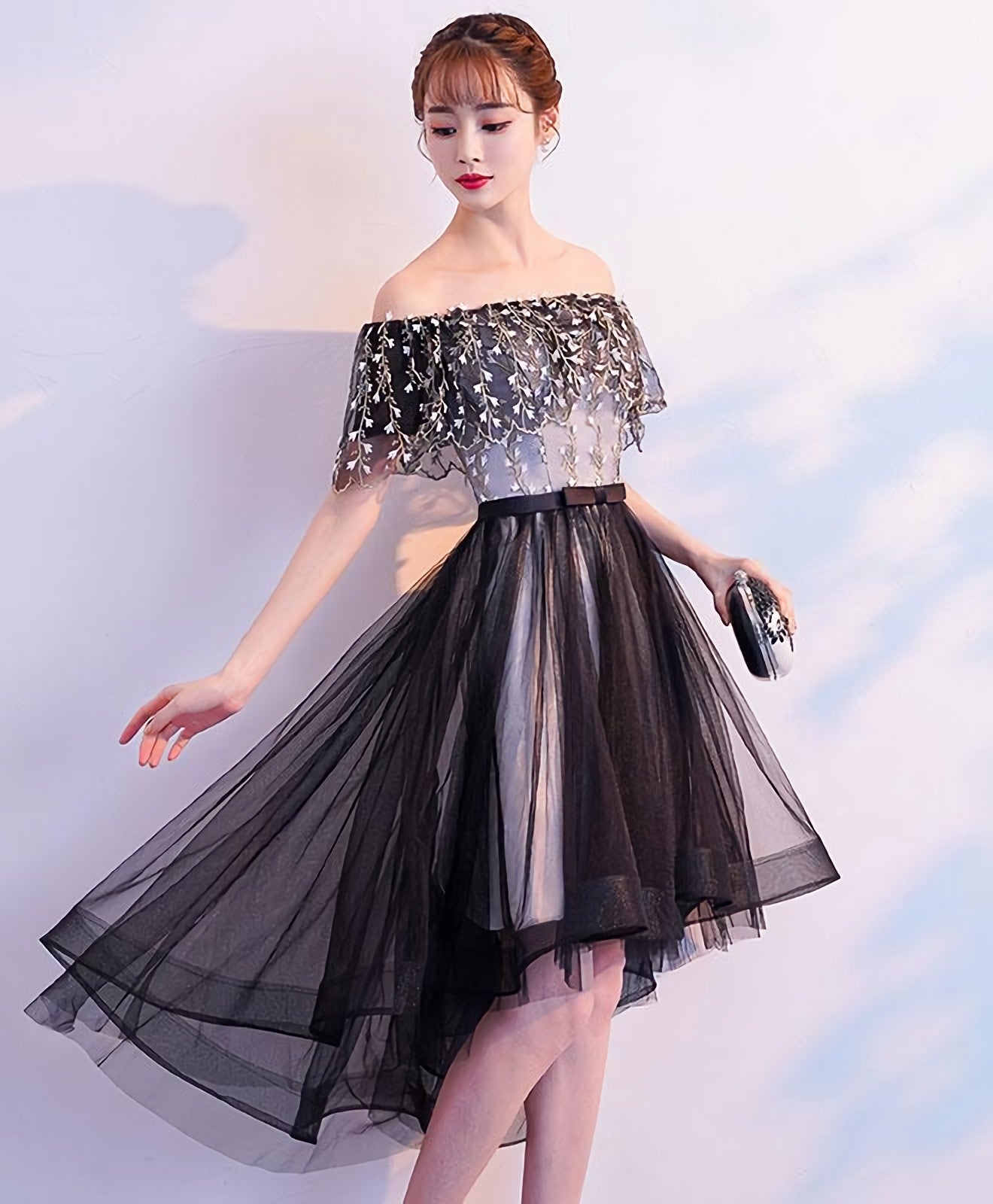 Black Tulle Lace Short Prom Dress, Black Tulle Homecoming Dresses