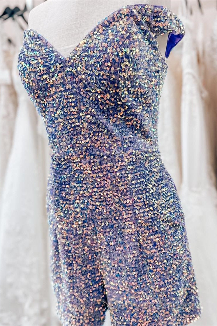 Dusty Sage Off The Shoulder Sequins Sheath Homecoming Romper