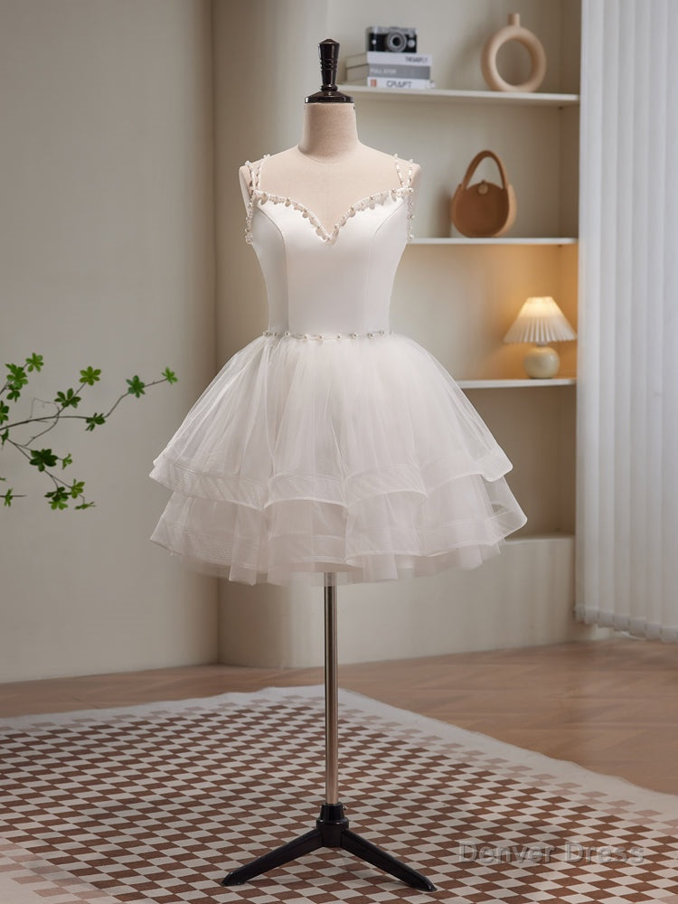 White Spaghetti Strap Tulle Short Prom Dress, Cute A-Line Party Dress Main image