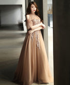Champagne High Neck Tulle Lace Long Prom Dress