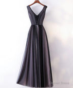 Black V Neck Lace Applique Tulle Long Prom Dress, Black Prom Dresses
