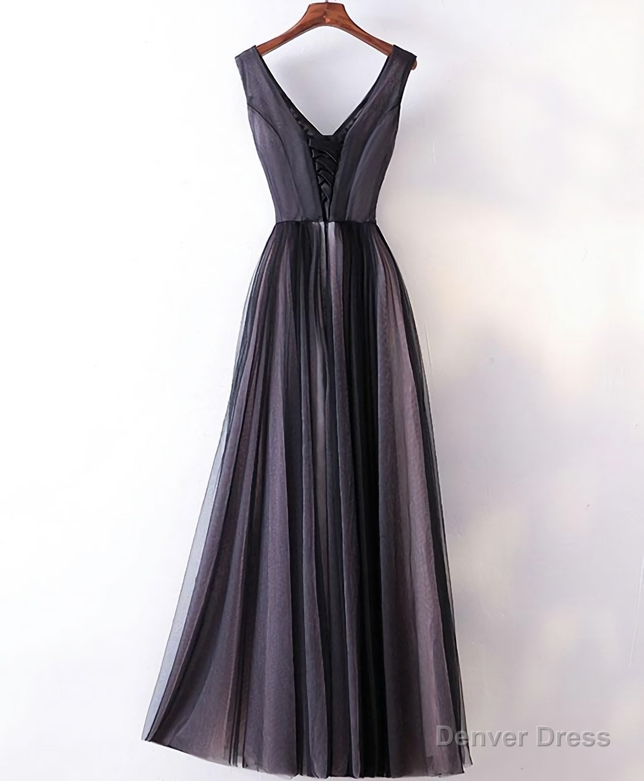 Black V Neck Lace Applique Tulle Long Prom Dress, Black Prom Dresses