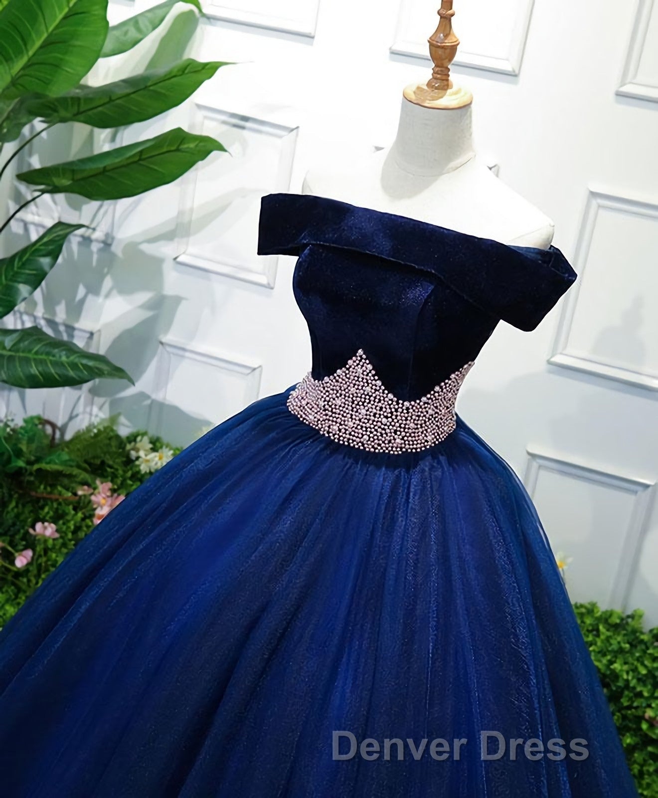 Dark Blue Tulle Off Shoulder Long Prom Dresses, Blue Sweet 16 Dresses