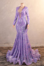 V-Neck Mermaid Sweep Train Sequins Zipper Long Sleeve Evening Dress