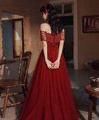 Burgundy Round Neck Beads Tulle Long Prom Dresses