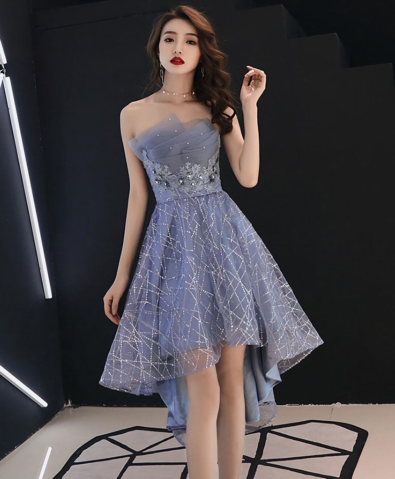 Blue Tulle High Low Prom Dress, Blue Homecoming Dresses