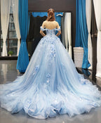 Blue Off Shoulder Tulle Lace Long Prom Gowns Blue Prom Dresses