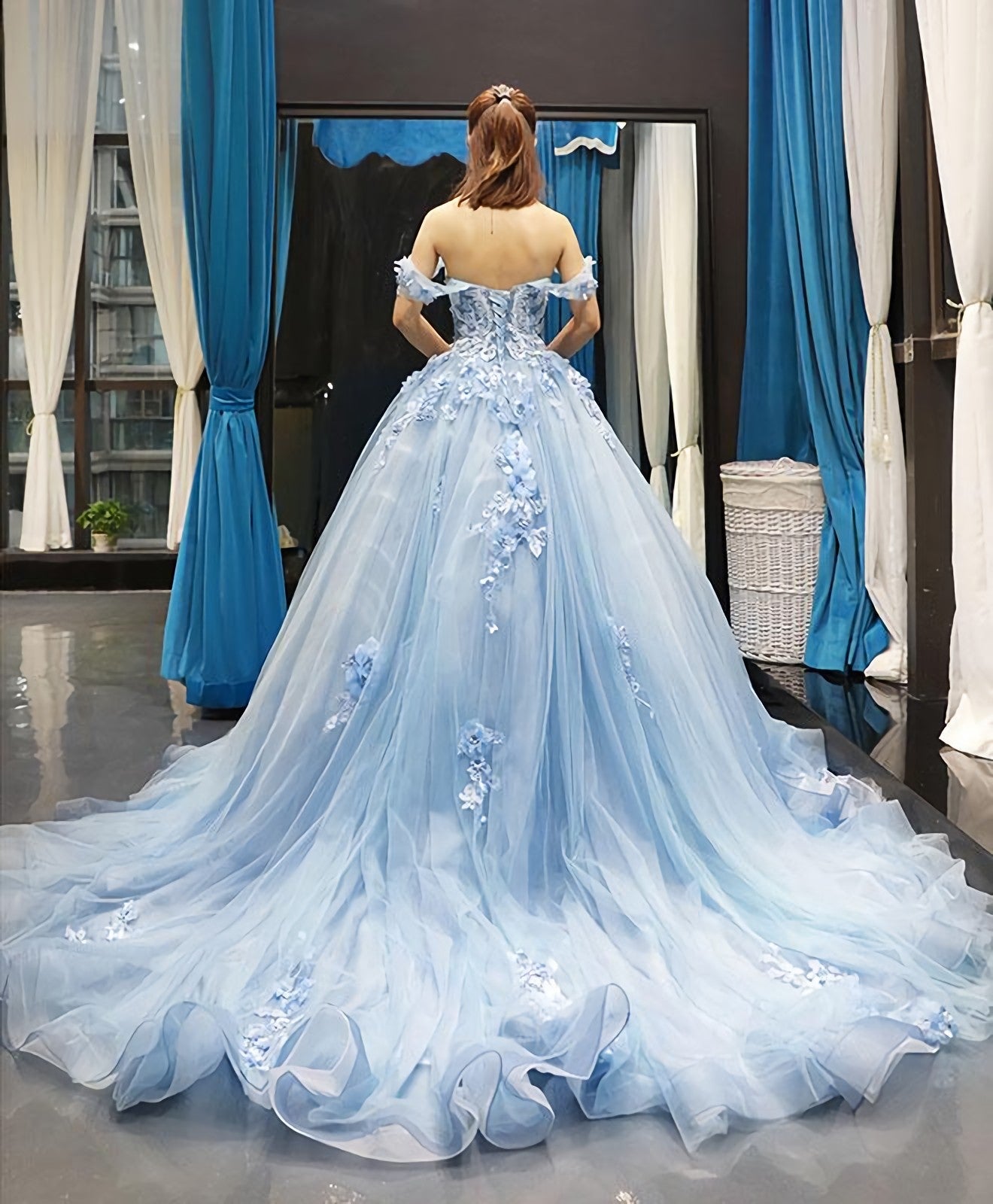 Blue Off Shoulder Tulle Lace Long Prom Gowns Blue Prom Dresses