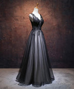 Black V Neck Tulle Lace Applique Long Prom Dress, Black Prom Dresses, 1