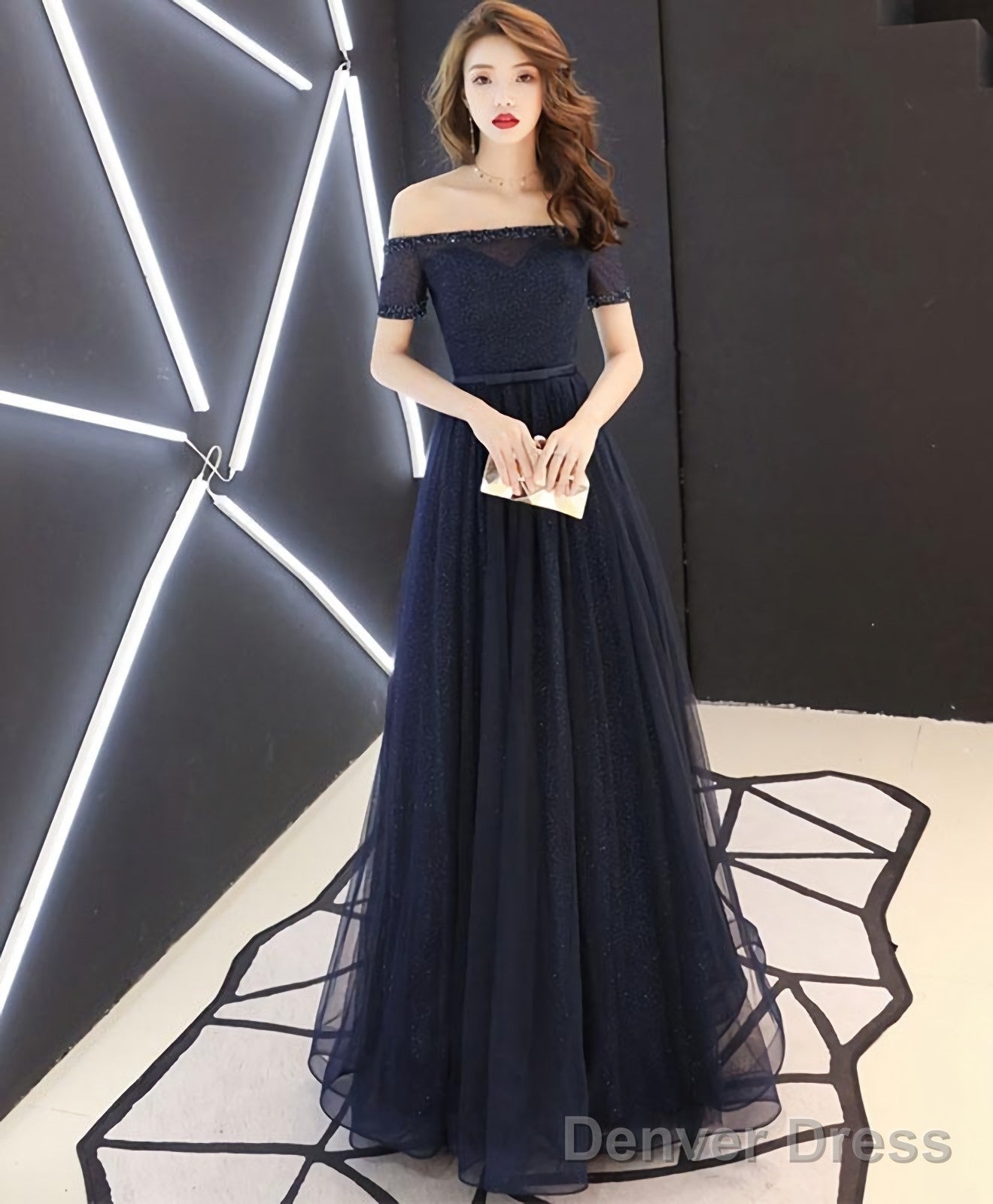 Dark Blue Tulle Long Prom Dress Blue Tulle Prom Dresses