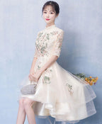 Unique Champagne Tulle Lace Applique Prom Dress