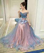 Gray Blue Tulle Off Shoulder Long Prom Dress Gray Blue Prom Dresses