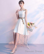 Simple White Satin Applique Short Prom Dress Cute Homecoming Dresses