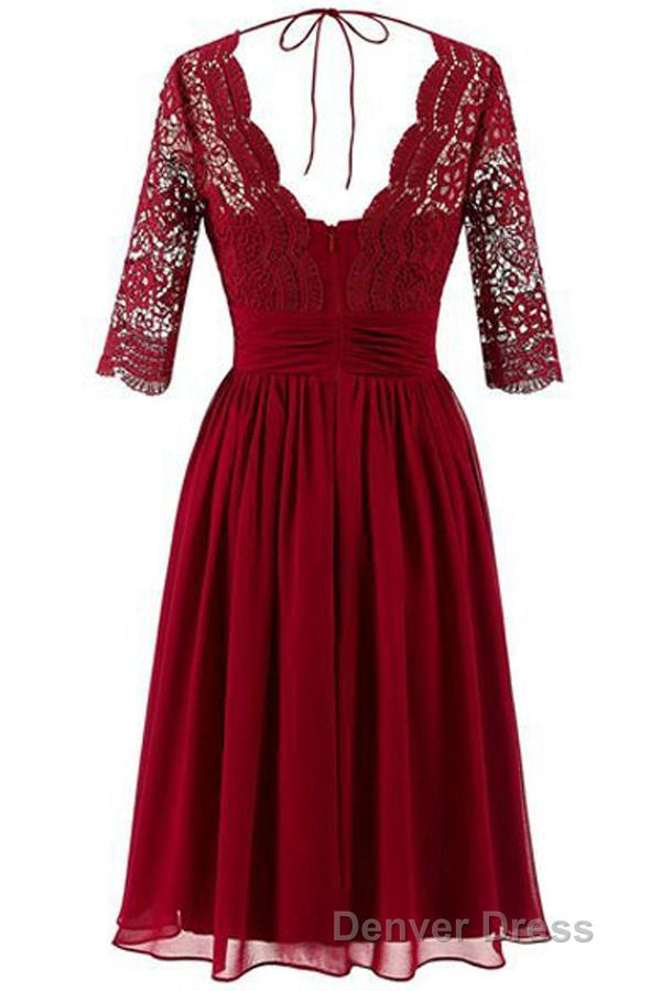 Burgundy A Line Knee Length V Neck 1 2 Sleeve Hollow Bridesmaid Dresses Secondary image
