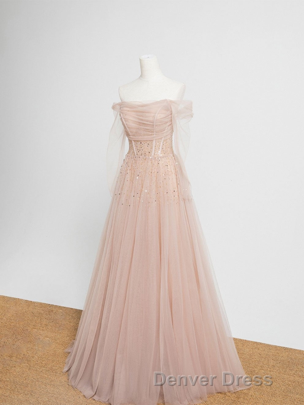 Champagne Pink Tulle Beads Long Prom Dresses, Champagne Evening Dresses