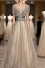 Champagne Round Neck Sequin Long Prom Dresses, Tulle Formal Dresses