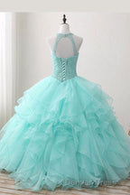 Mint Ball Gowns Floor Length Halter Keyhole Back Beading Ruffles Prom Dresses