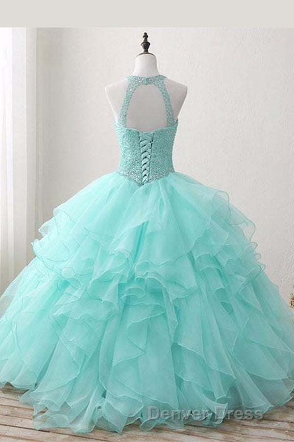 Mint Ball Gowns Floor Length Halter Keyhole Back Beading Ruffles Prom Dresses