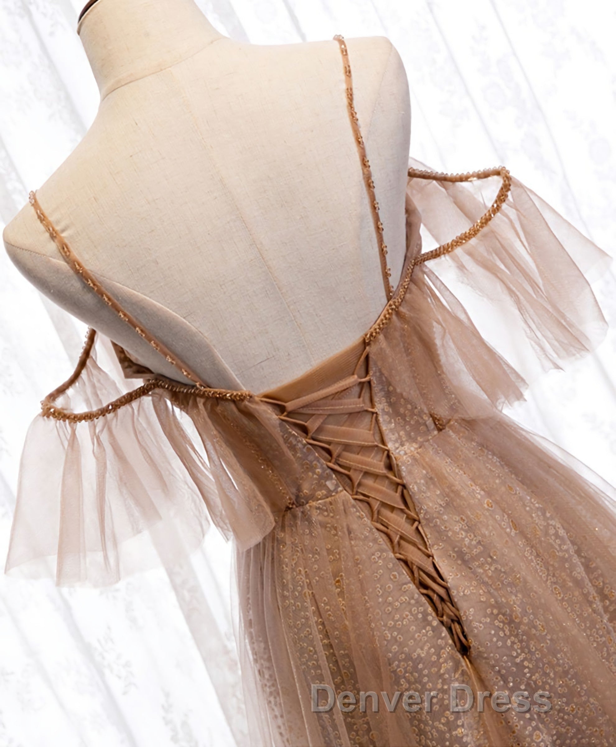 Champagne Tulle Sequin Long Prom Dresses, Champagne Evening Dresses