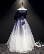 Blue Tulle Lace Long Prom Dress, Blue Tulle Lace Prom Dresses